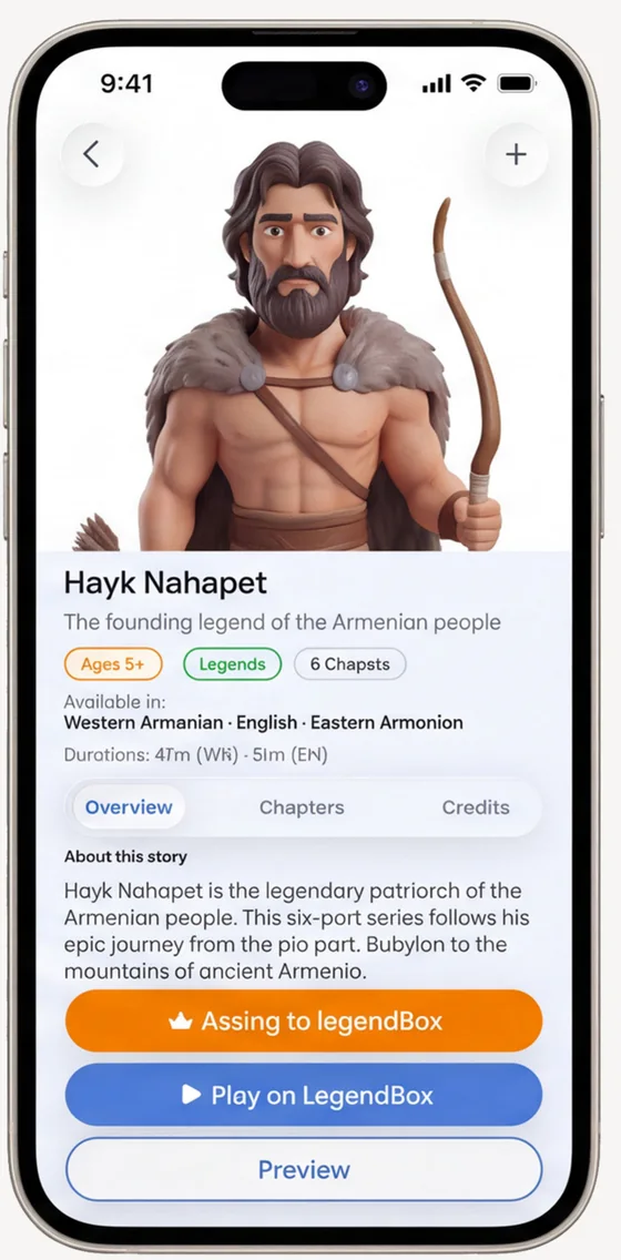 The LegendBox World app showing the Hayk Nahapet story page