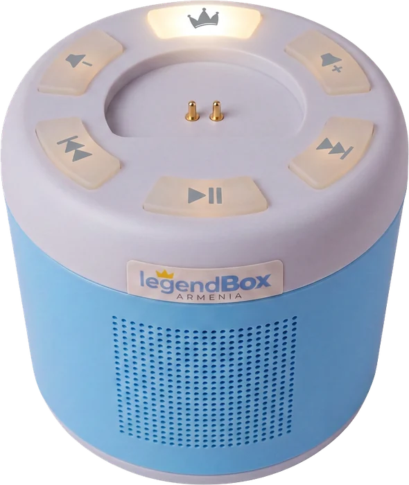 The LegendBox device on its own, in blue and lavender